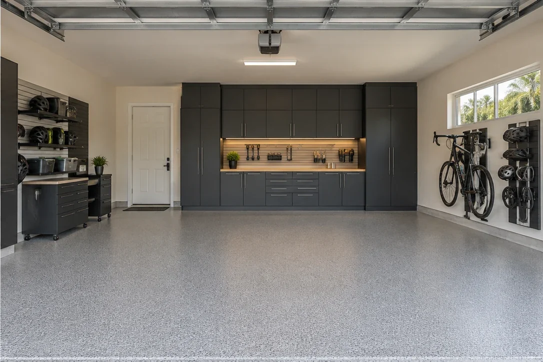 The same garage imagined with charcoal cabinets, a light worktop, organized bikes and a sand-gray floor