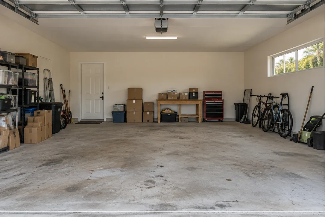 Garage with bikes, boxes and bare concrete before an imagined transformation