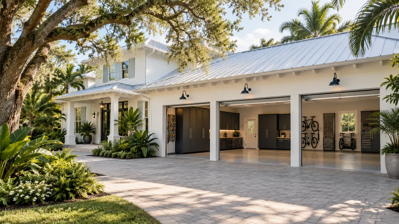 Upscale Florida home among palms and mature trees with an open, organized garage