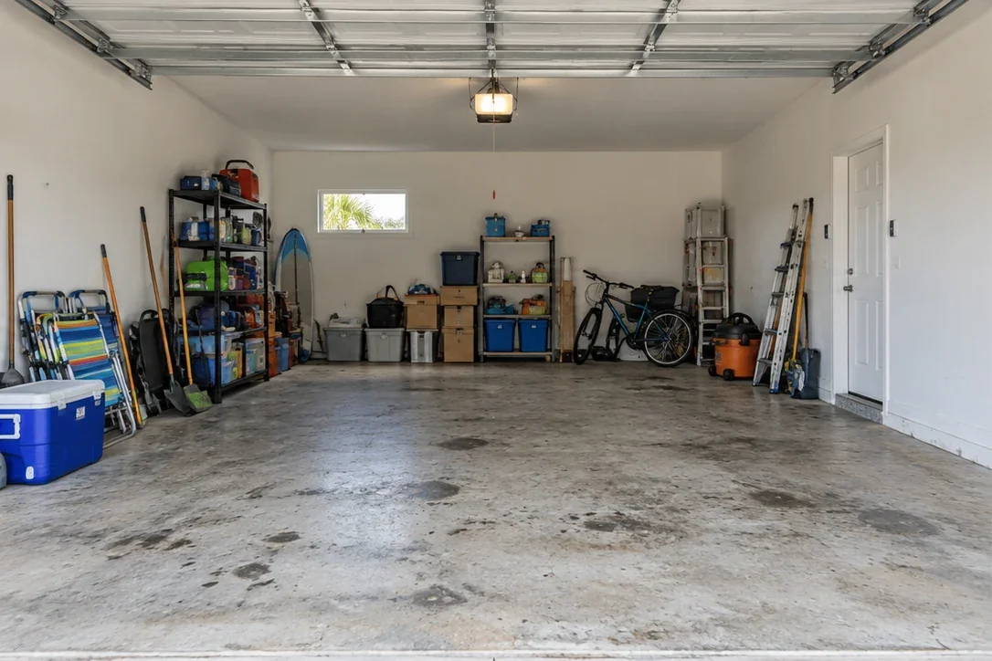 Garage with beach chairs, coolers and boxes on bare concrete before an imagined makeover