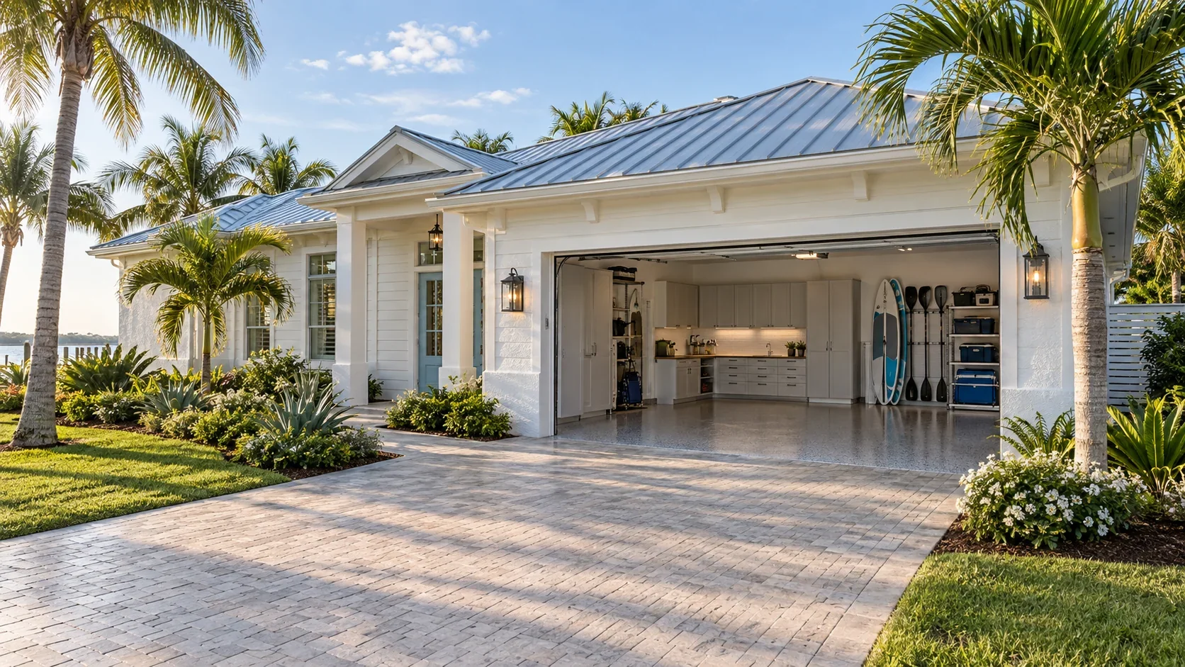 High-end coastal Florida home with palms, a metal roof and an open organized double garage