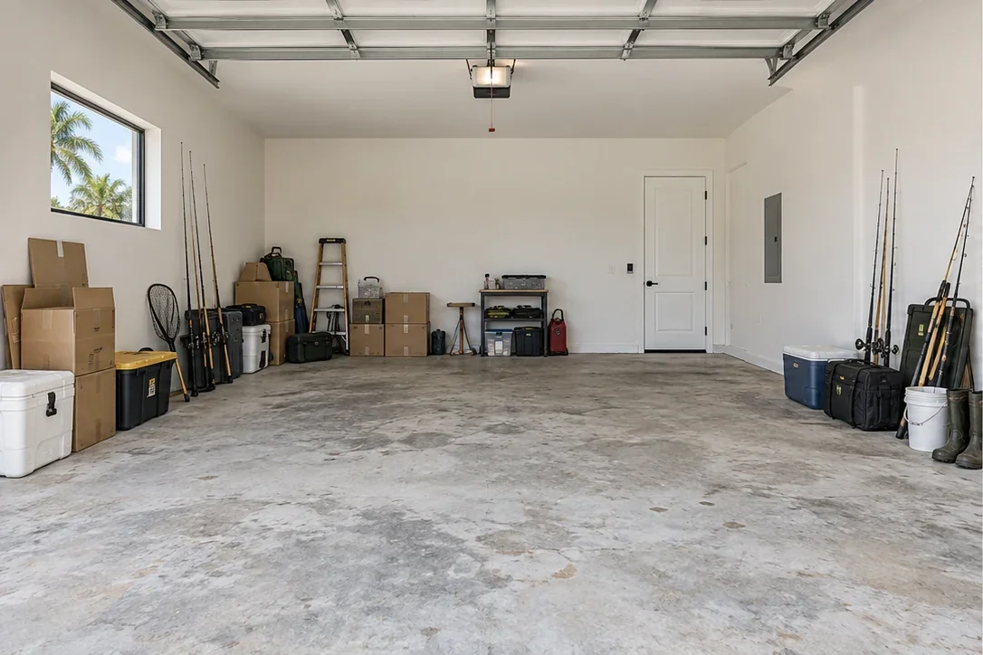 Garage before an imagined transformation, with bare concrete, boxes and fishing gear