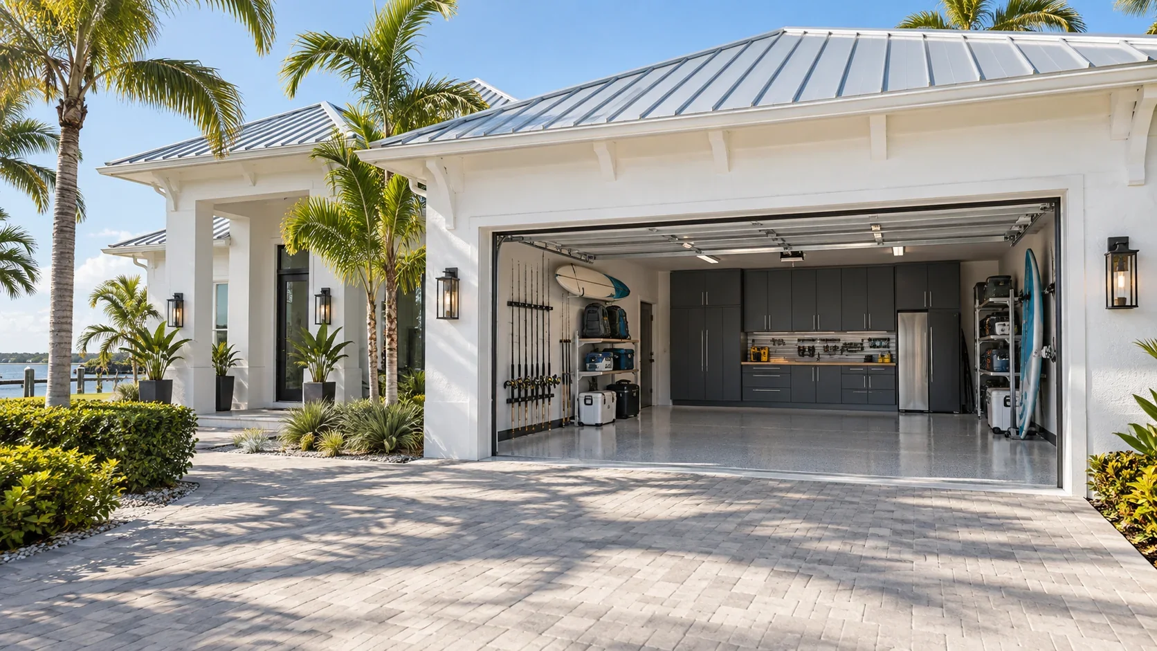 High-end modern coastal Florida home with an open garage and neatly organized outdoor gear