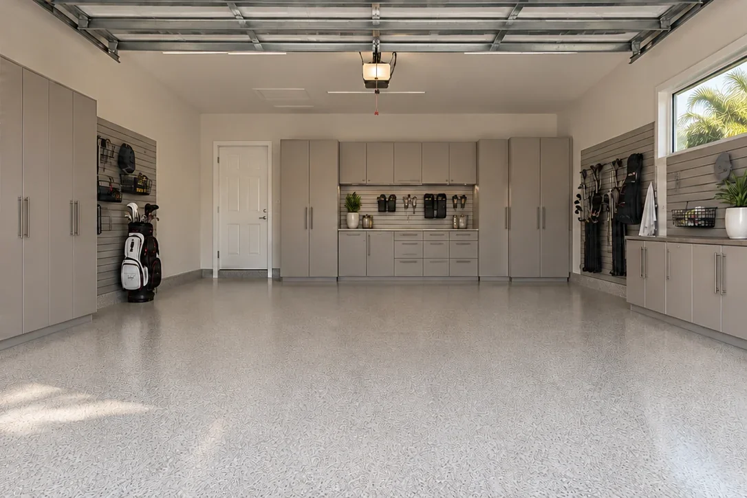 The same garage imagined with a finished flake floor, taupe cabinets and organized golf equipment
