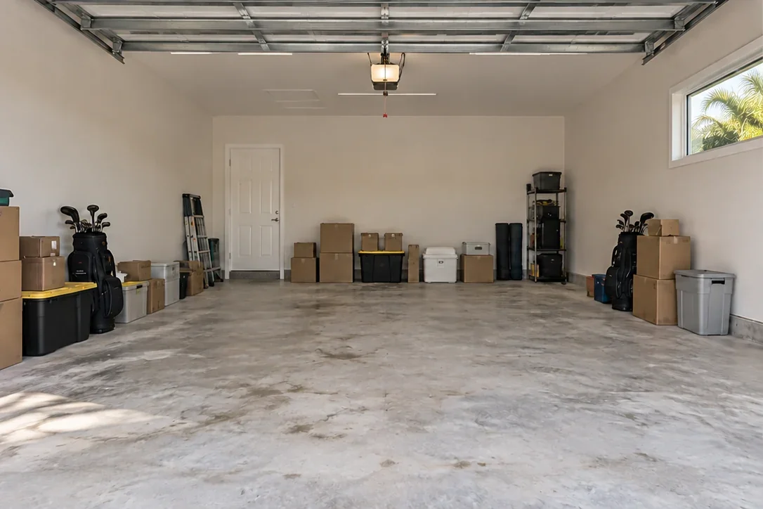 Garage before an imagined makeover, with bare concrete and golf equipment among household storage