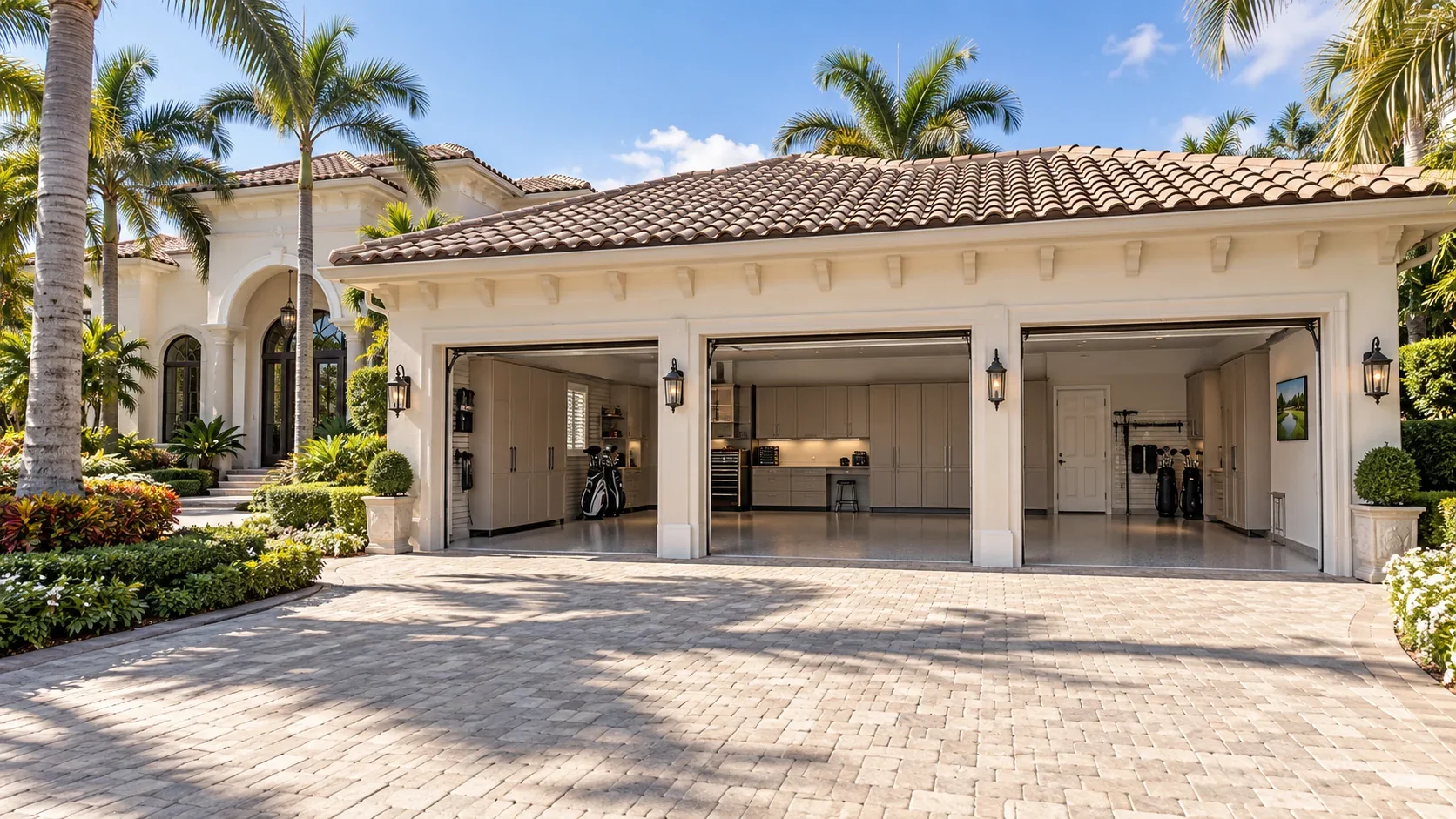 Upscale Florida home with an open three-car garage, a finished floor and coordinated cabinetry