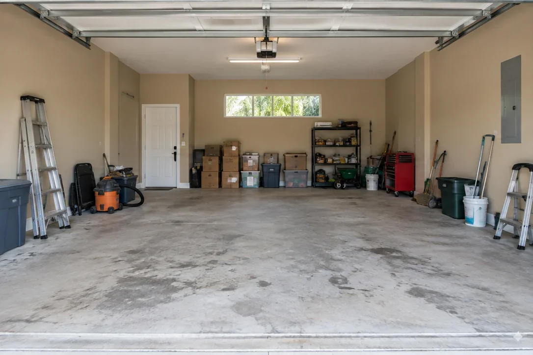 Large garage before an imagined makeover, with bare concrete, boxes and scattered tools