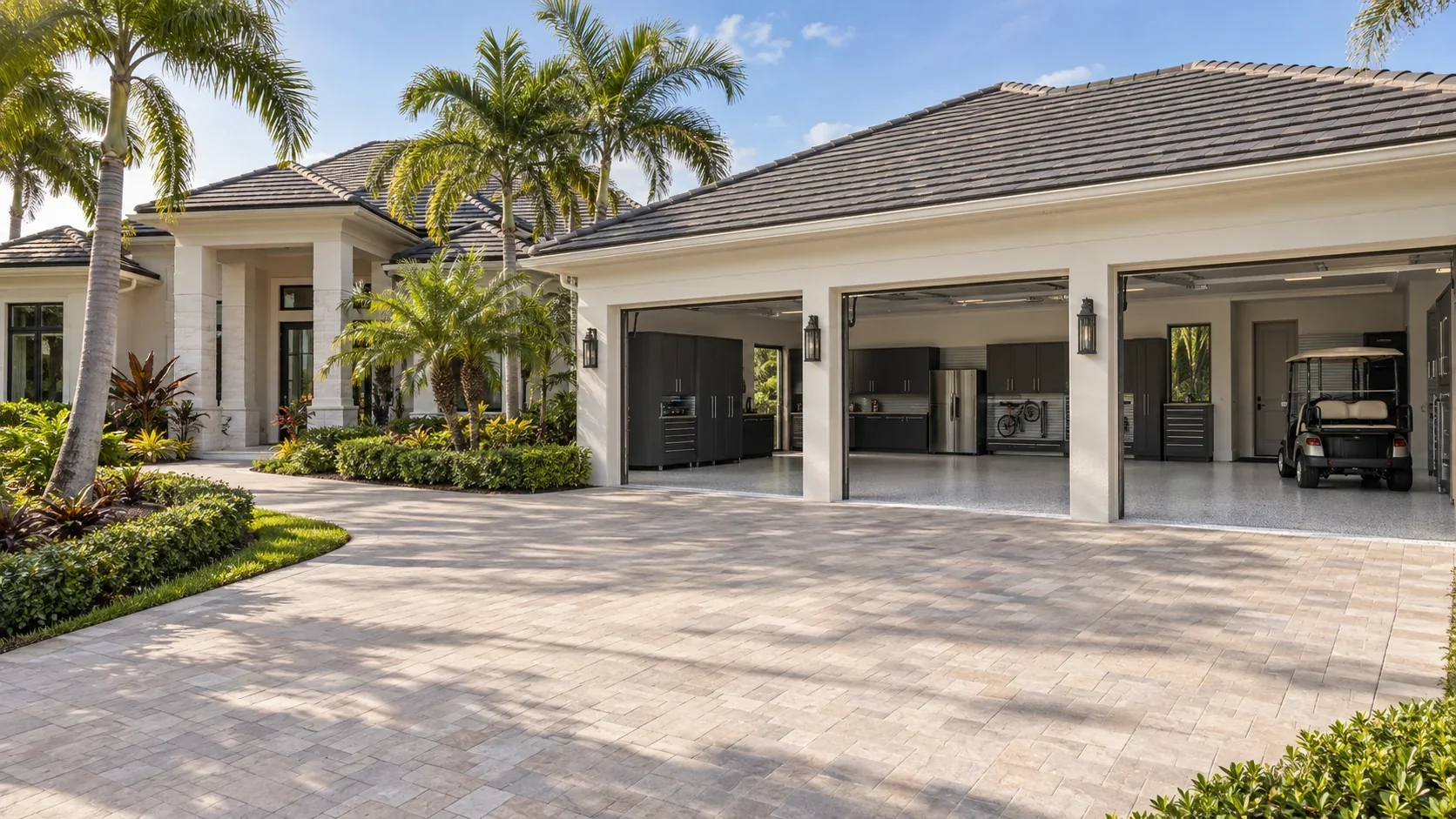 High-end Florida estate home with a spacious driveway and an open three-car garage