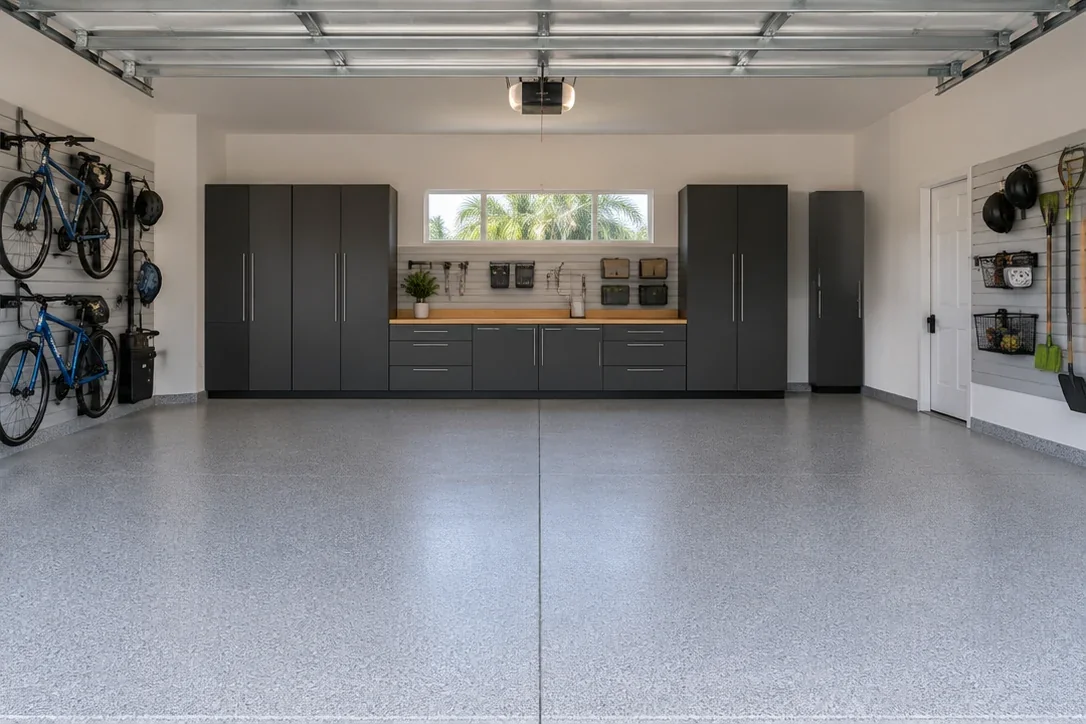 The same garage imagined with graphite cabinets, organized bikes, a workbench and a light gray flake floor
