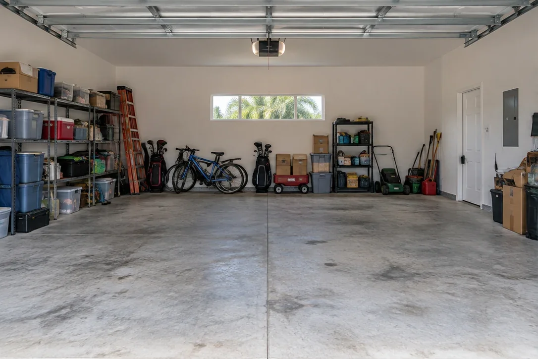 Family garage with bikes, tools and household boxes on bare concrete before an imagined transformation