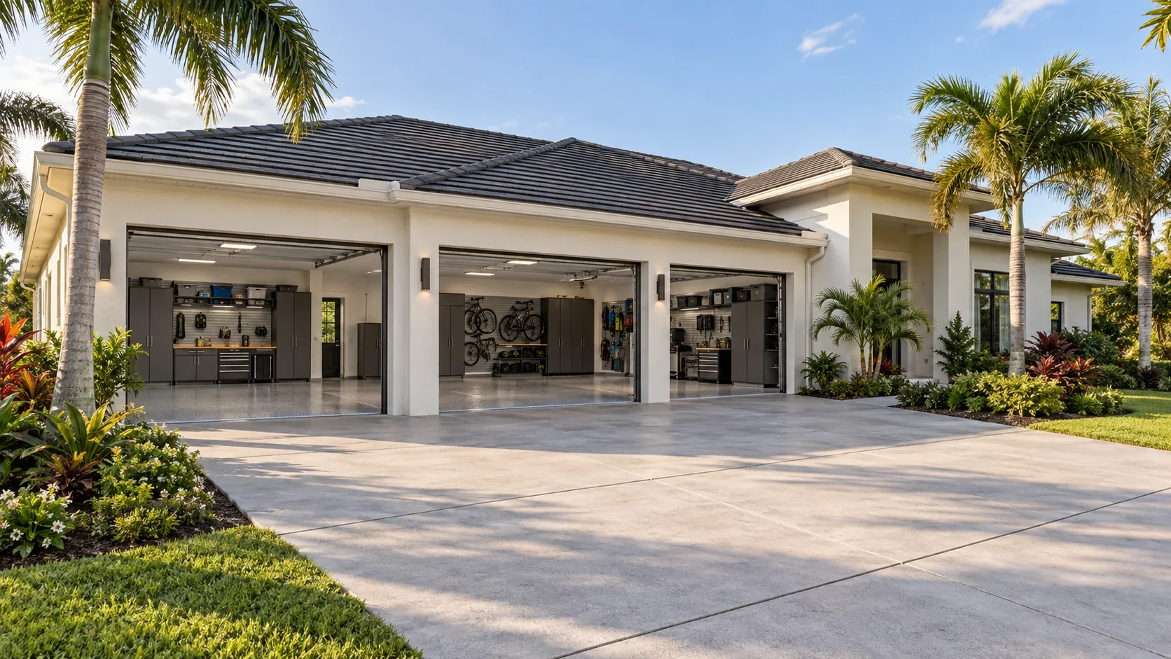 Upscale contemporary Florida home with a wide three-car garage and landscaped palms