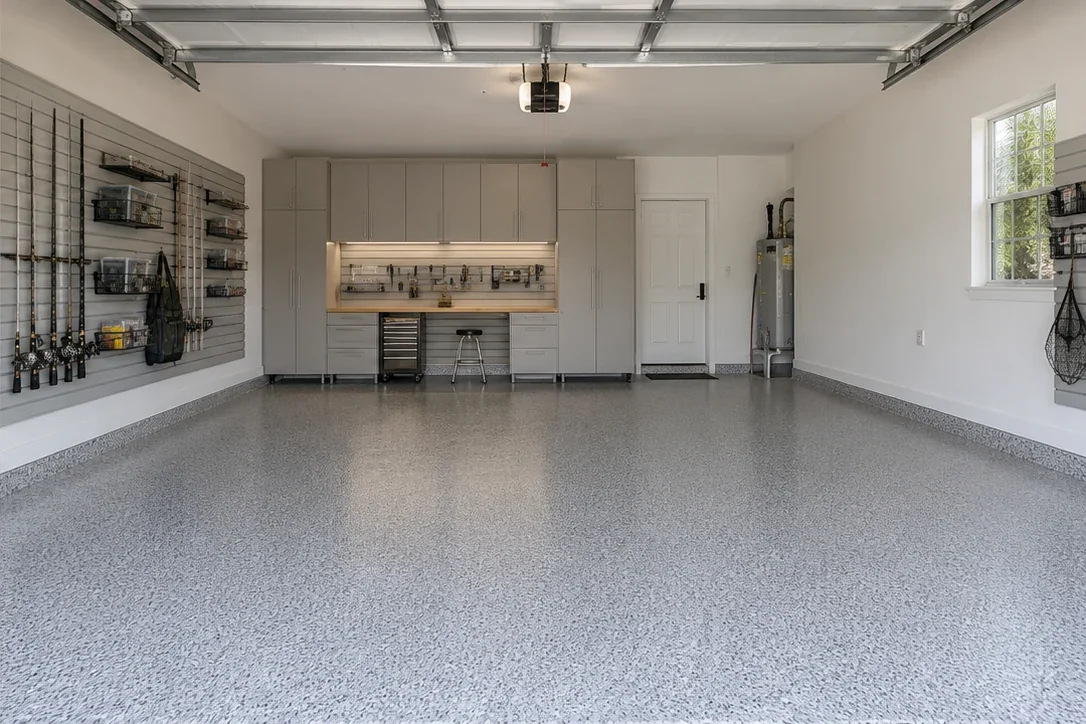 The same garage imagined with warm gray cabinetry, organized fishing gear and a silver-gray flake floor