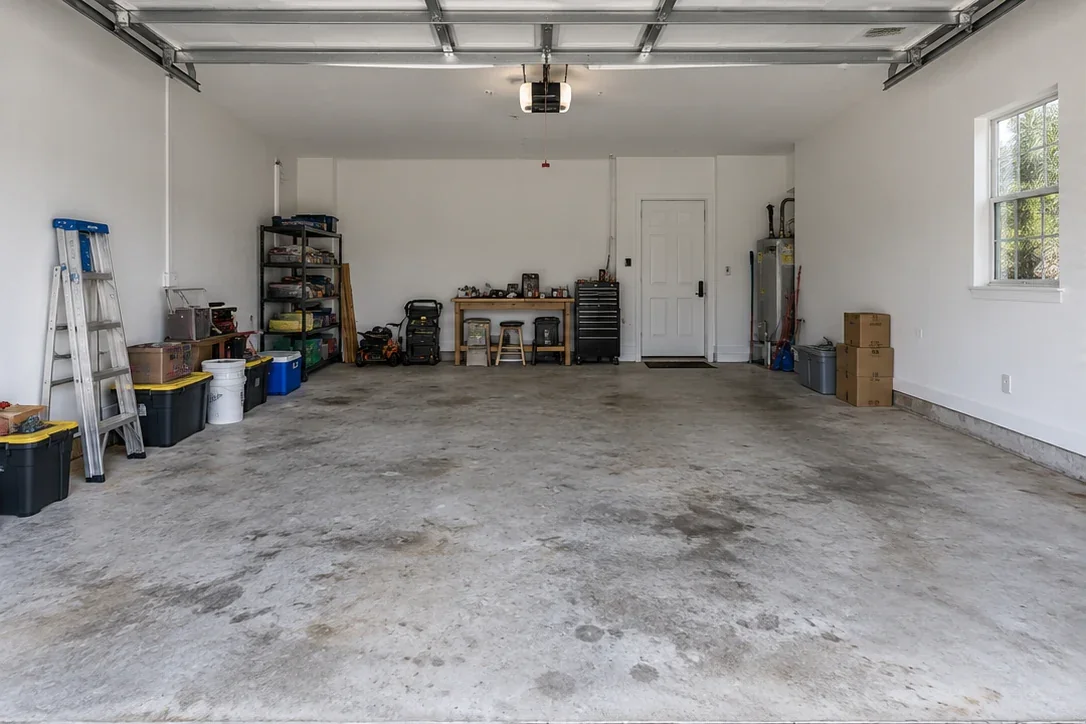 Garage before an imagined makeover, with loose fishing gear, household boxes and bare concrete
