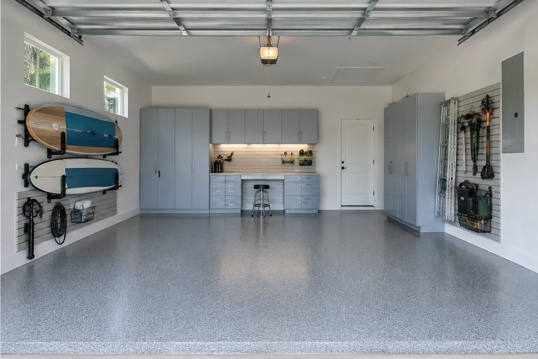 The same garage imagined with blue-gray cabinets, wall-mounted paddle gear and a light flake floor