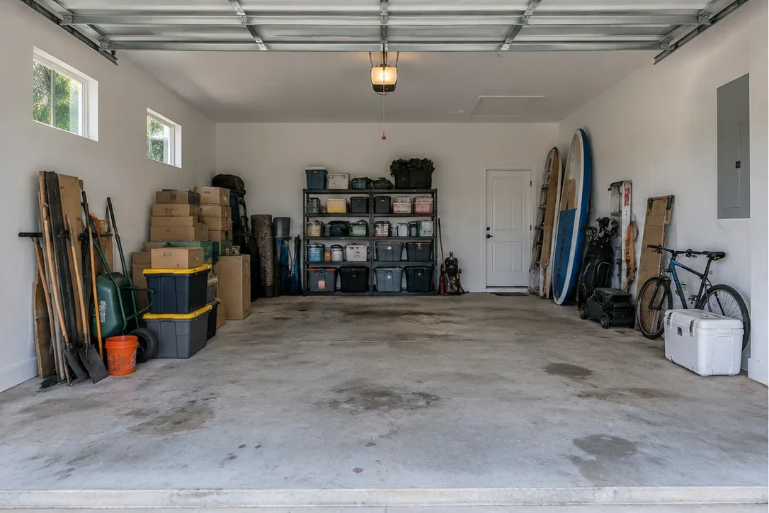 Unorganized garage with bare concrete, paddle gear and household storage before an imagined makeover
