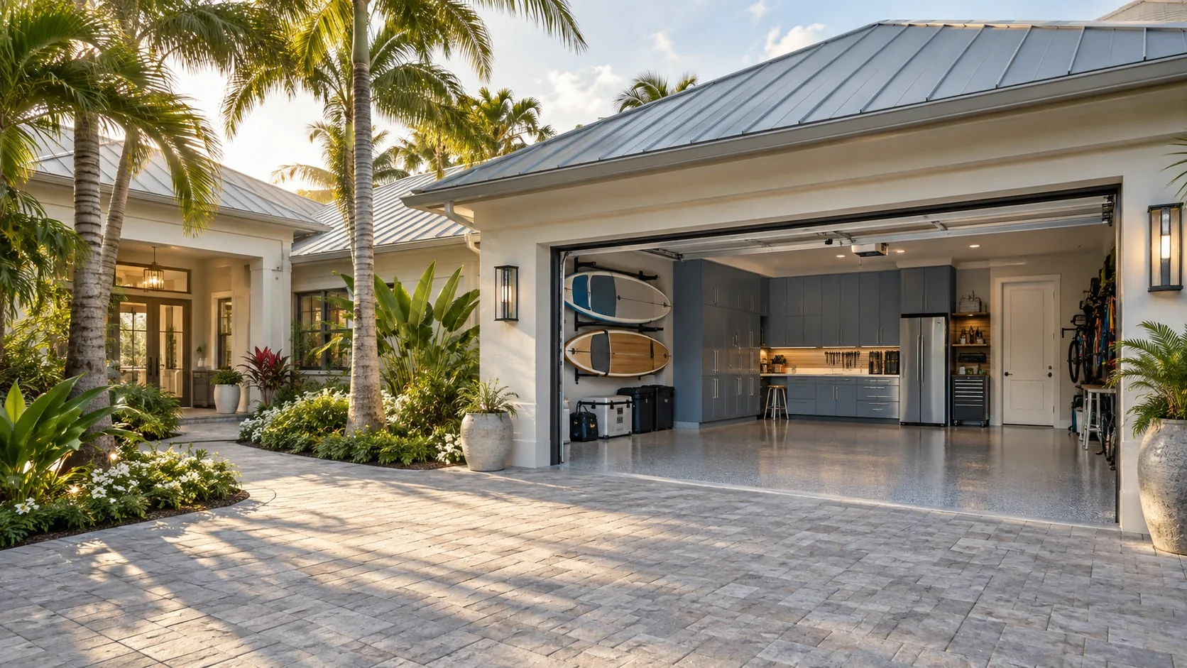 Elegant coastal Florida home with a double garage and a soft blue-gray garage interior