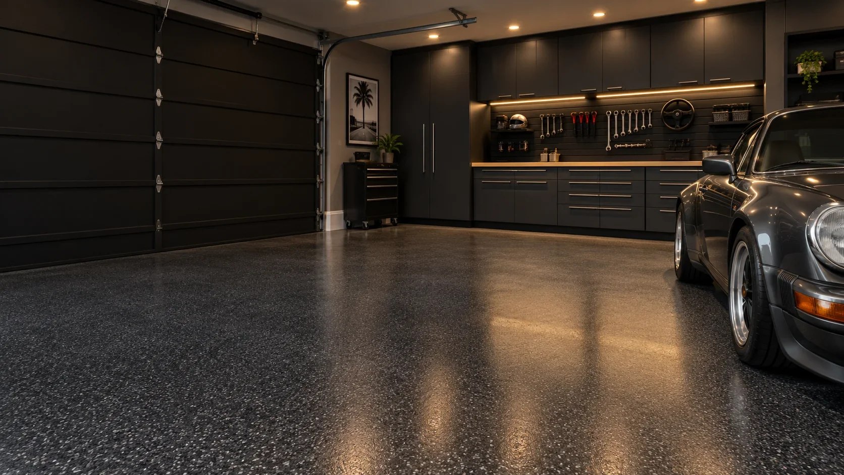 Concept image of an organized garage with a dark flake epoxy floor, charcoal cabinets, a lit tool wall and a parked sports car