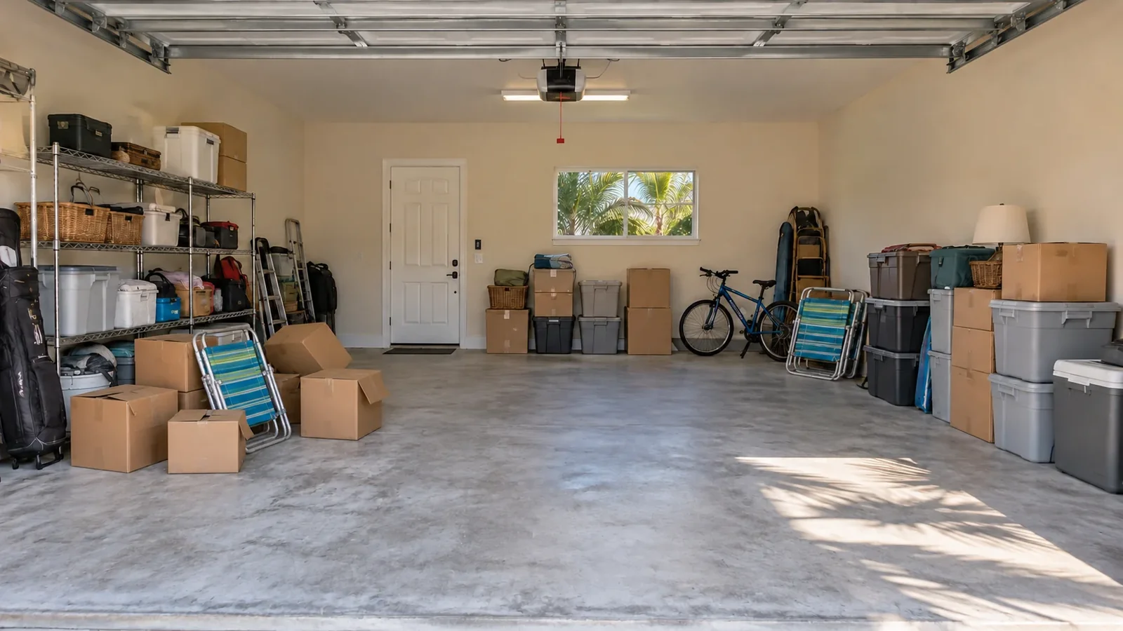 Garage with boxes, bicycles and household storage ready to be sorted and cleared