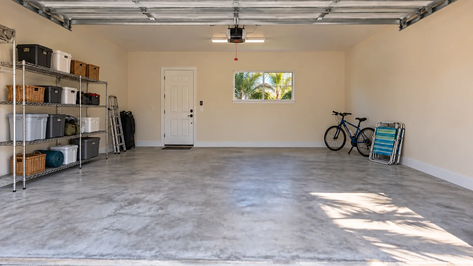 Cleared garage with open concrete floor and neatly grouped everyday equipment