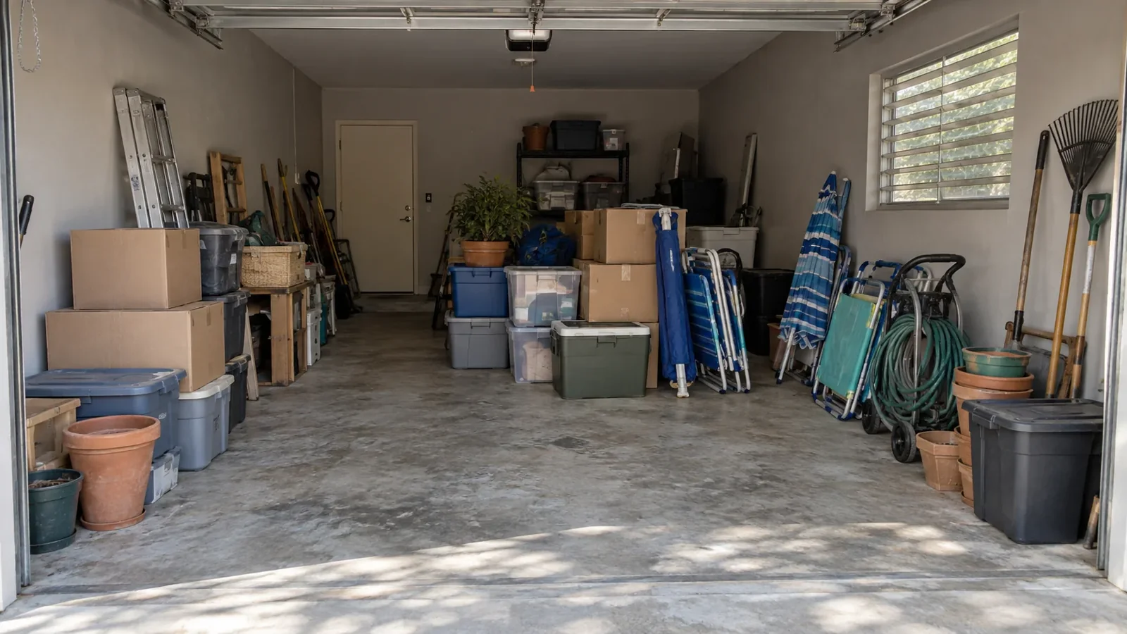 The matching garage before clearing, with household boxes and equipment