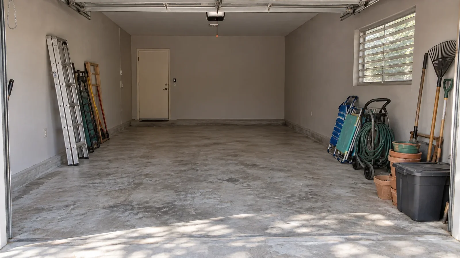 Cleared garage with bare concrete and kept items arranged at the edges