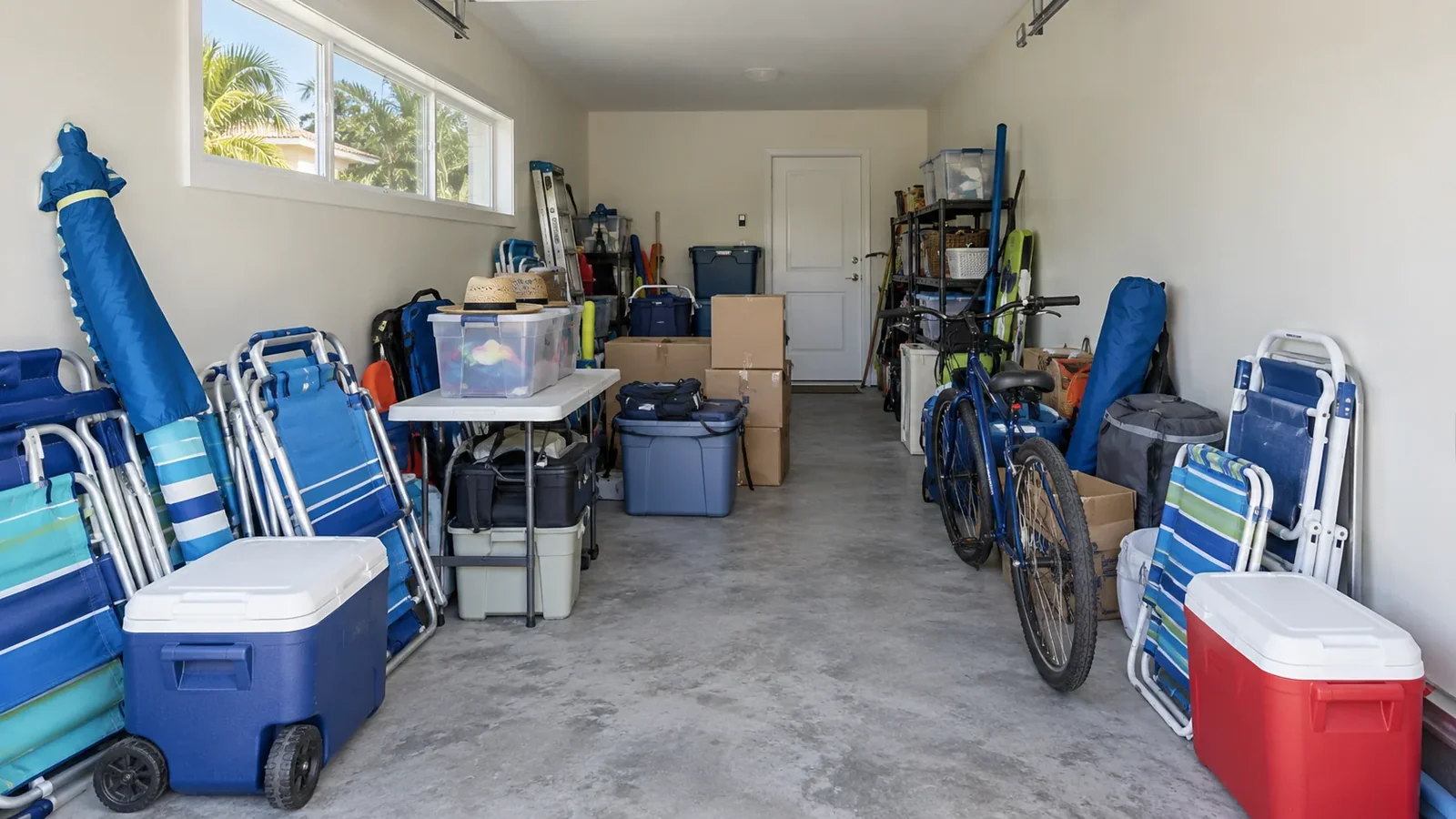 The matching garage before clearing, with household boxes and equipment