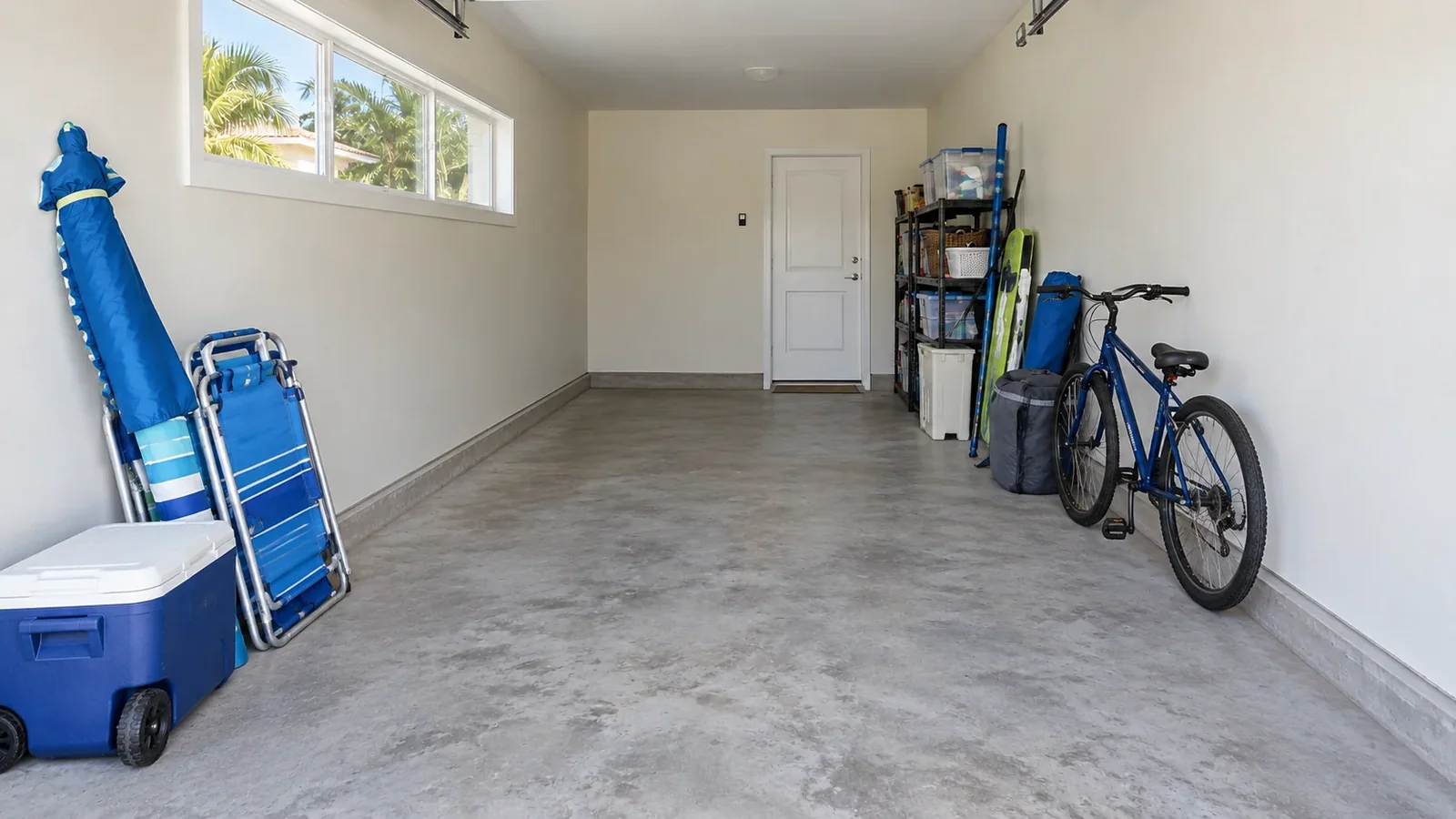 Cleared garage with bare concrete and kept items arranged at the edges