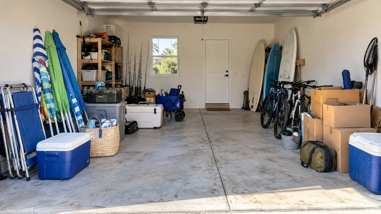 The matching garage before clearing, with household boxes and equipment