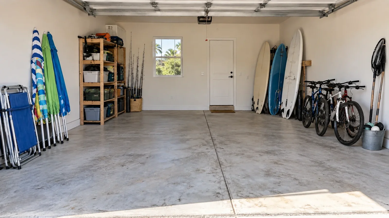 Cleared garage with bare concrete and kept items arranged at the edges