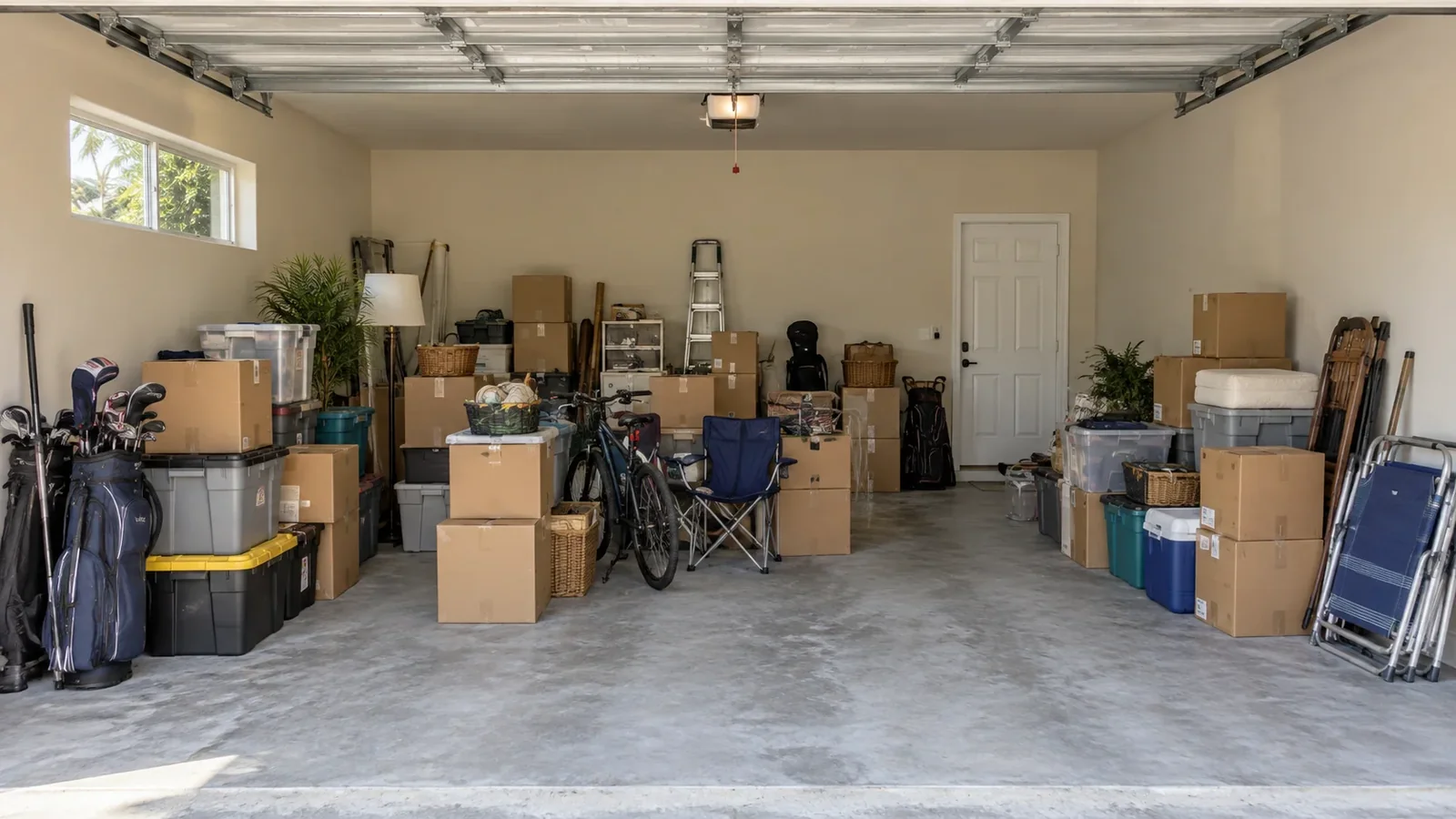 The matching garage before clearing, with household boxes and equipment