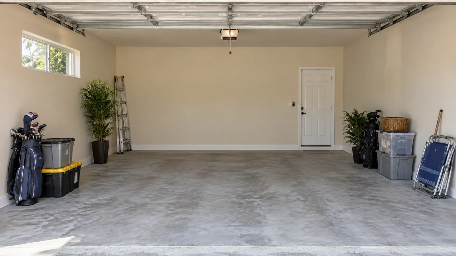 Cleared garage with bare concrete and kept items arranged at the edges