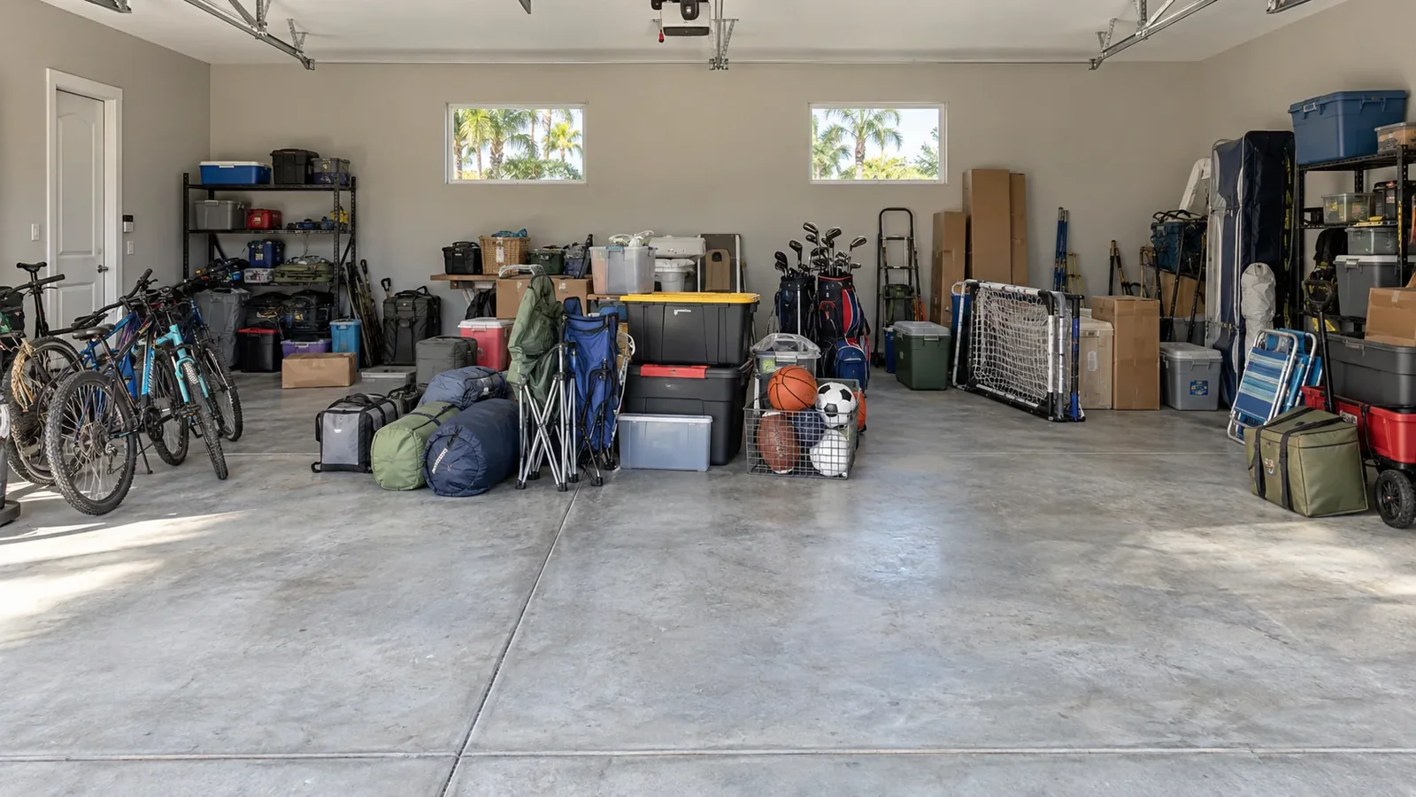 The matching garage before clearing, with household boxes and equipment
