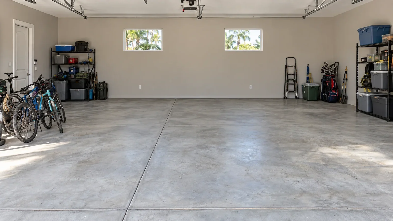 Cleared garage with bare concrete and kept items arranged at the edges