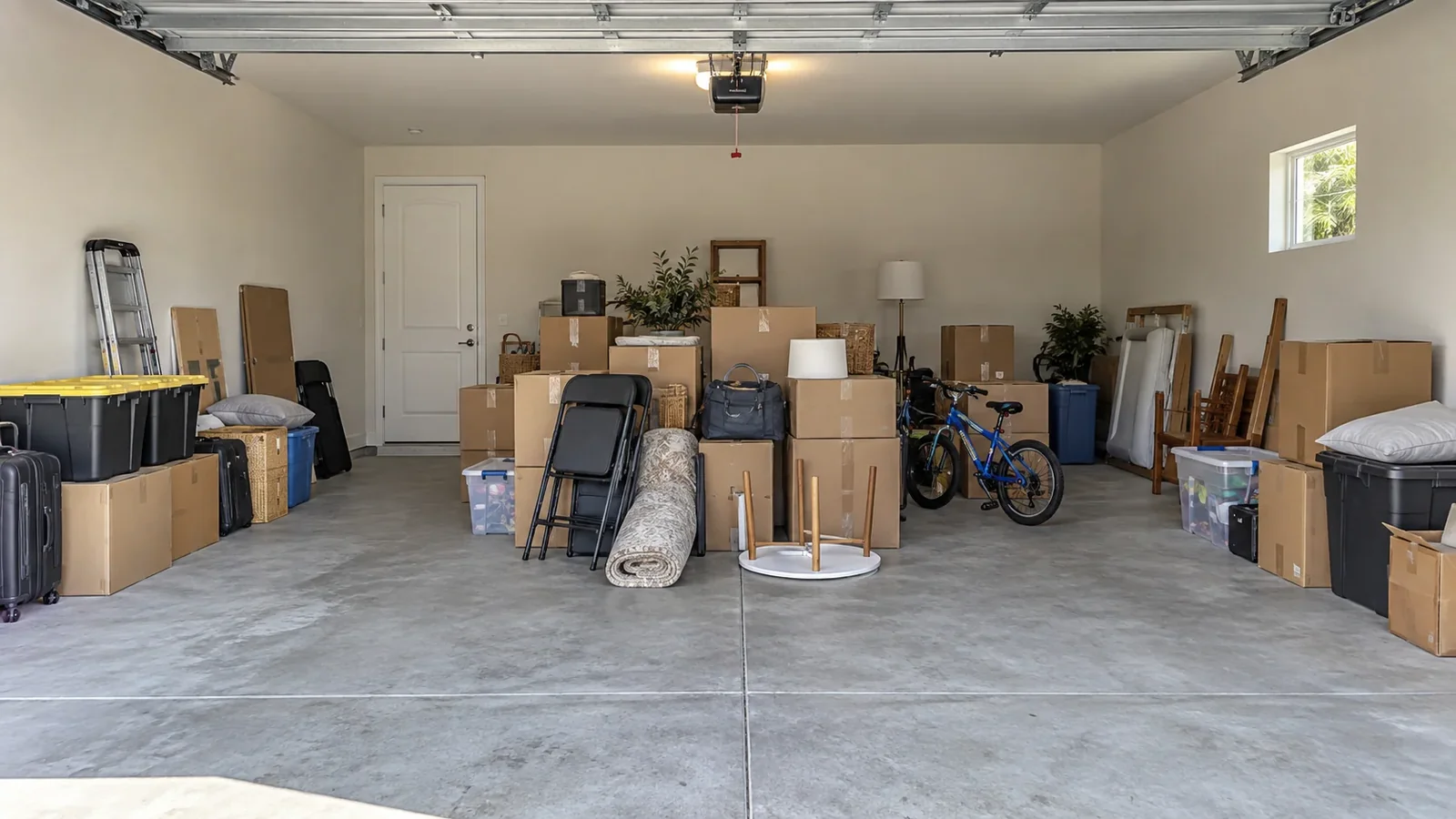 The matching garage before clearing, with household boxes and equipment