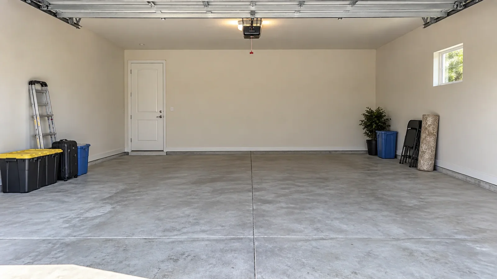 Cleared garage with bare concrete and kept items arranged at the edges