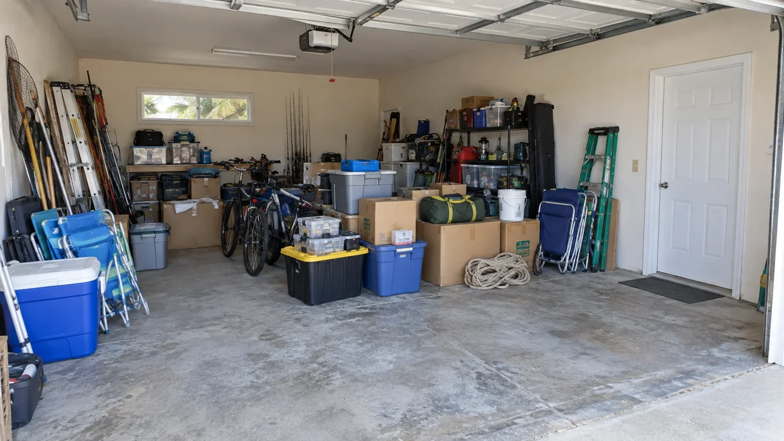 The matching garage before clearing, with household boxes and equipment