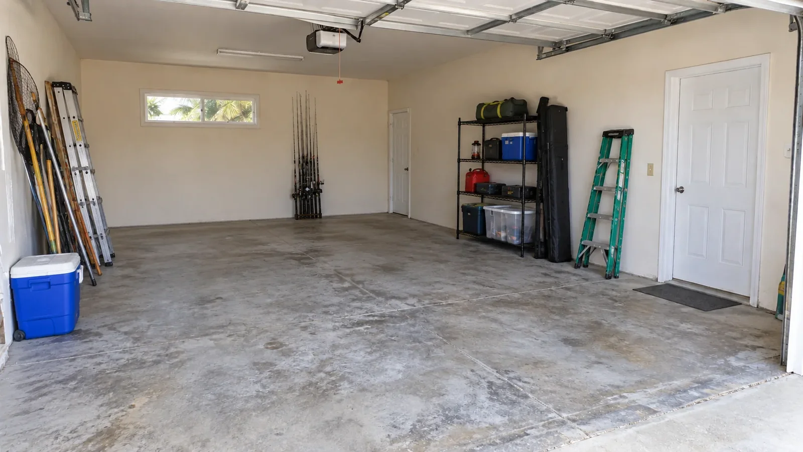 Cleared garage with bare concrete and kept items arranged at the edges