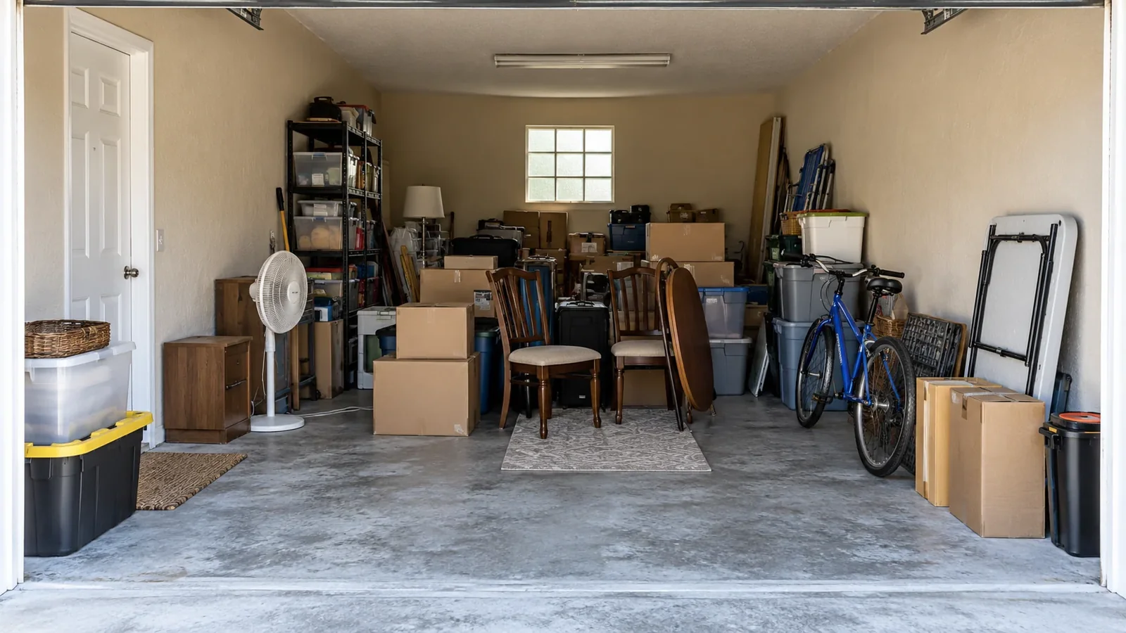 The matching garage before clearing, with household boxes and equipment