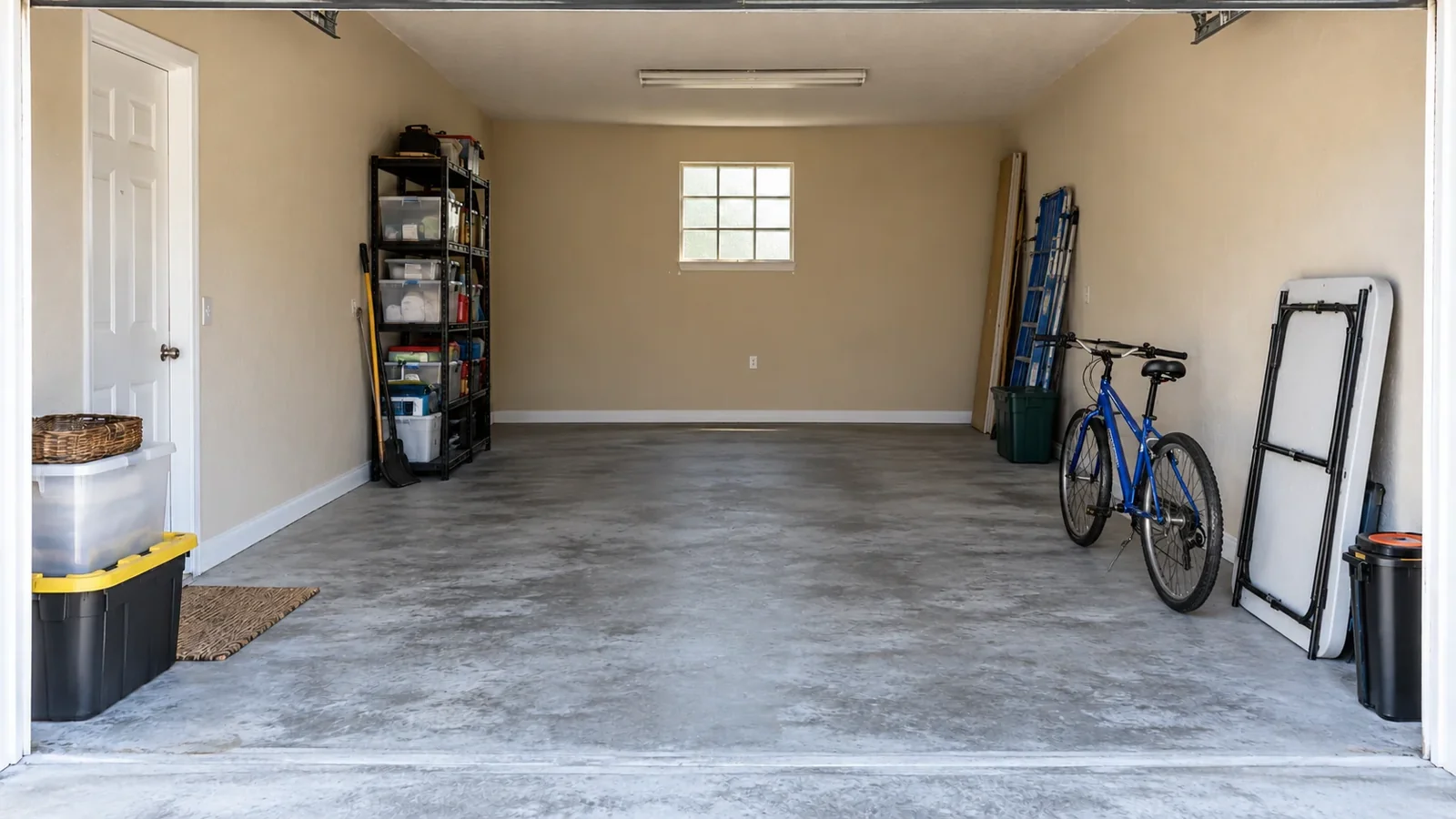 Cleared garage with bare concrete and kept items arranged at the edges