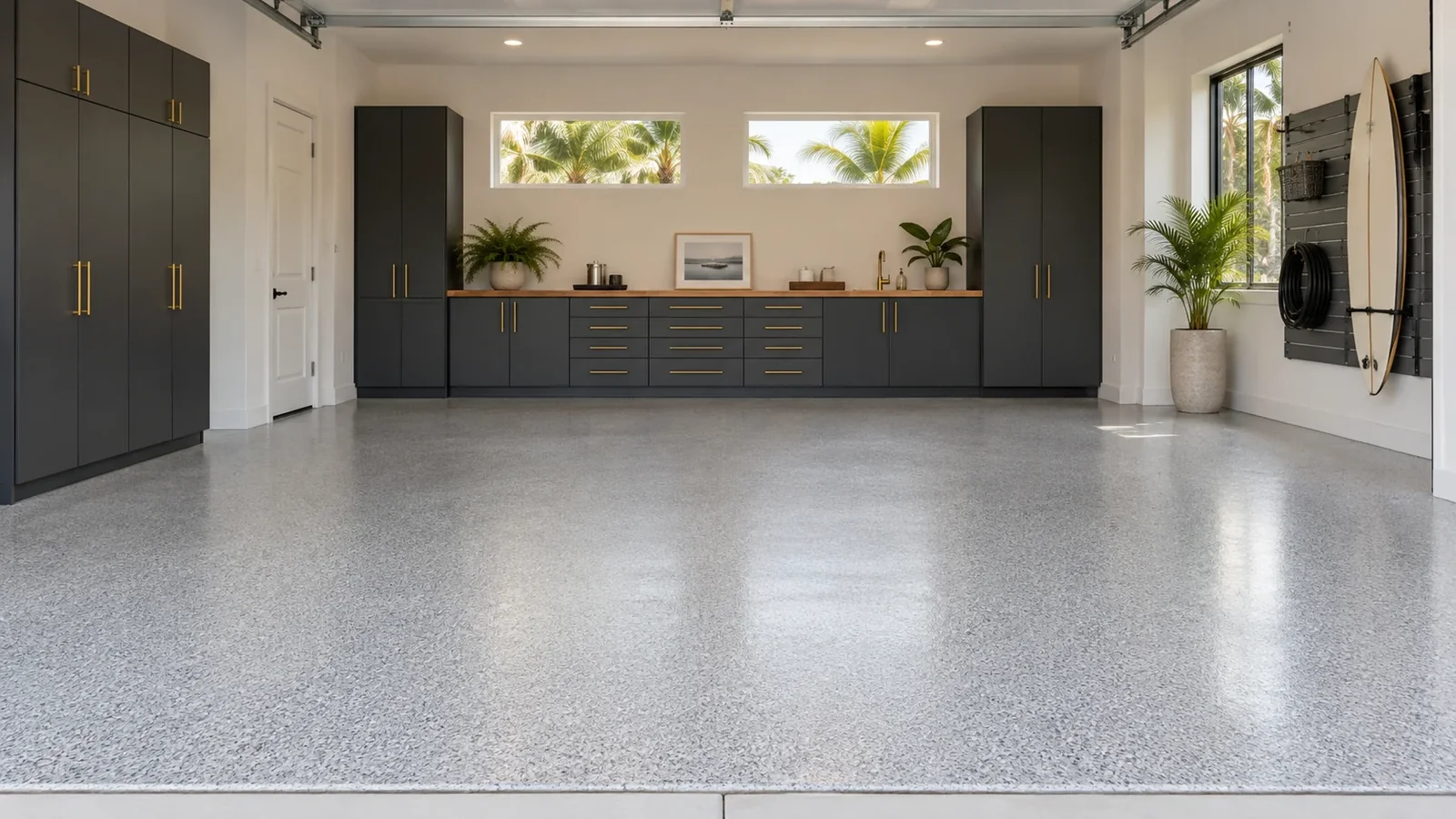 Upscale garage with a silver-gray decorative flake floor and charcoal cabinetry
