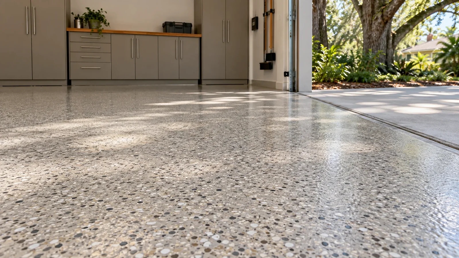 Close view of decorative flake flooring and a carefully finished garage threshold