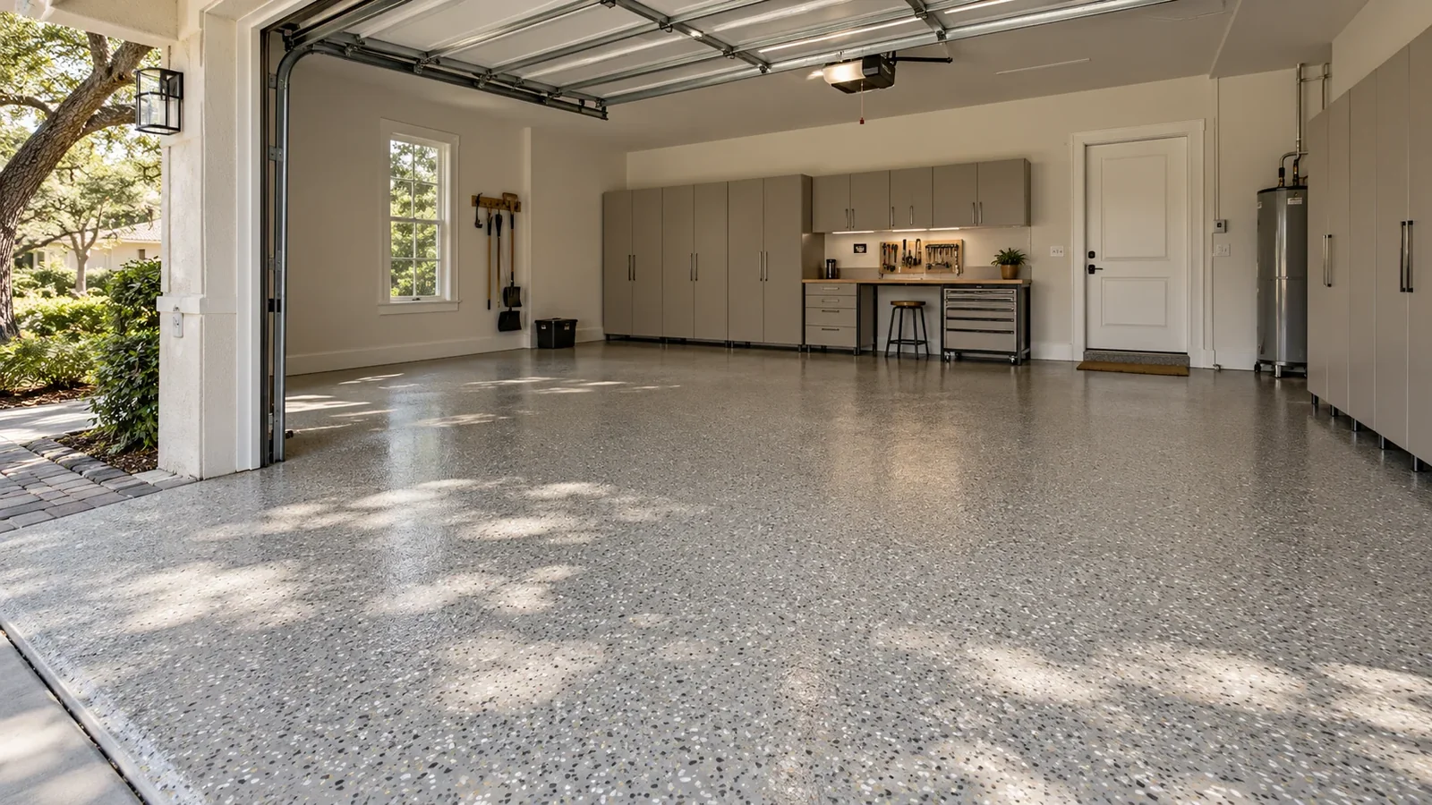 Finished residential garage with a decorative flake floor and coordinated cabinets