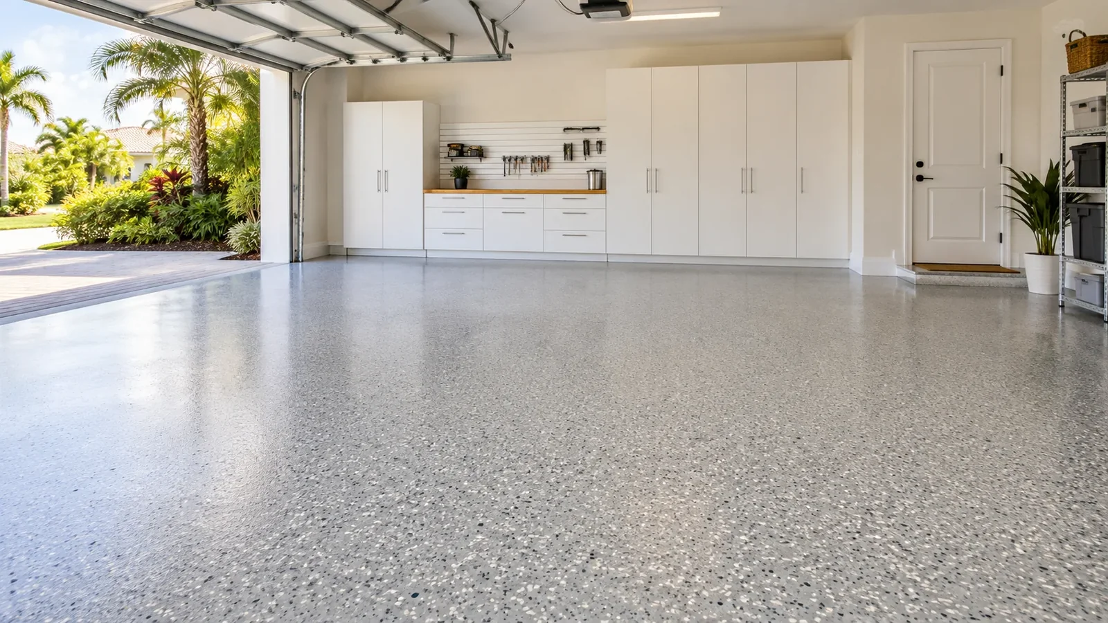 Finished residential garage with a decorative flake floor and coordinated cabinets