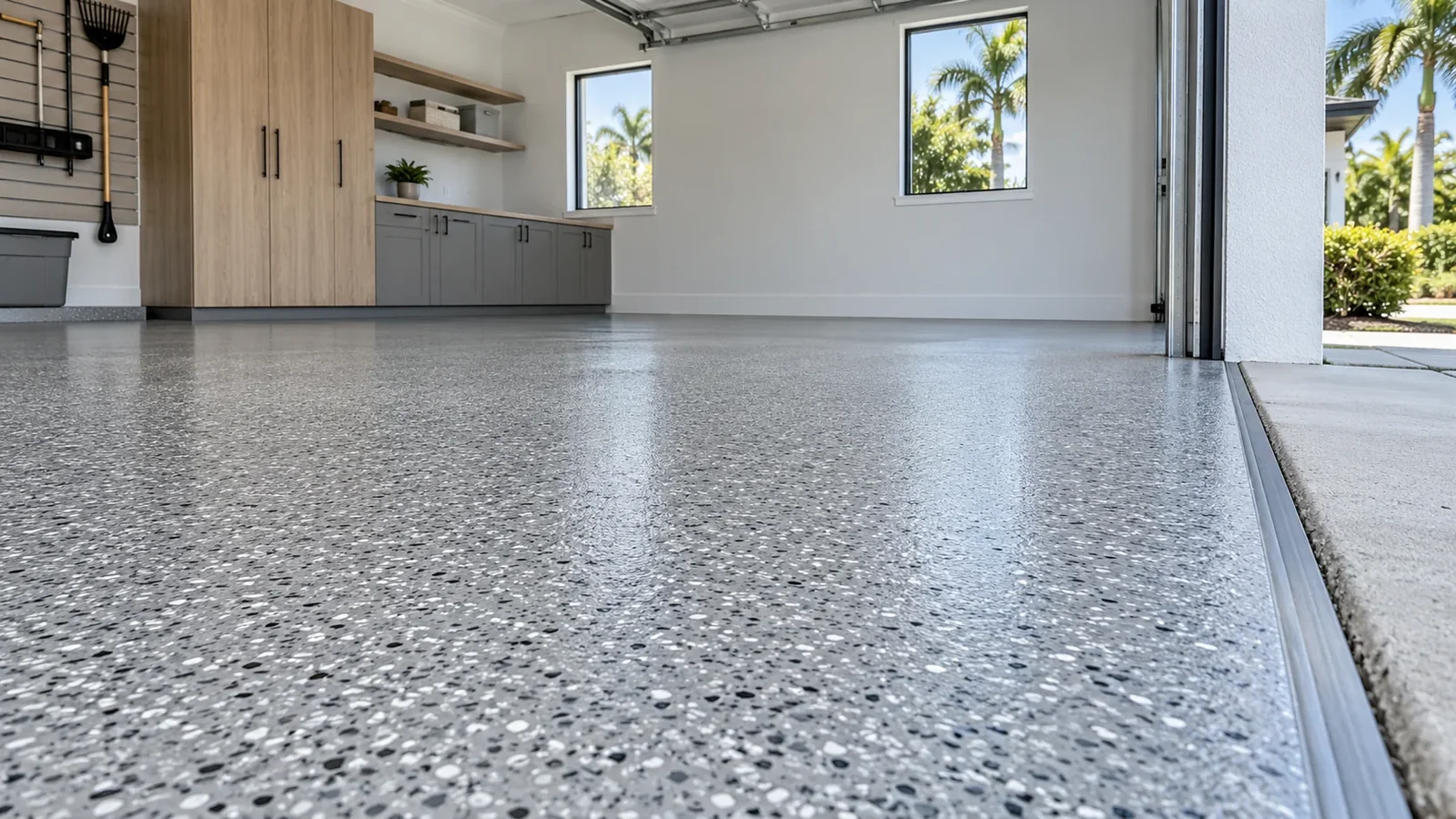 Close view of decorative flake flooring and a carefully finished garage threshold