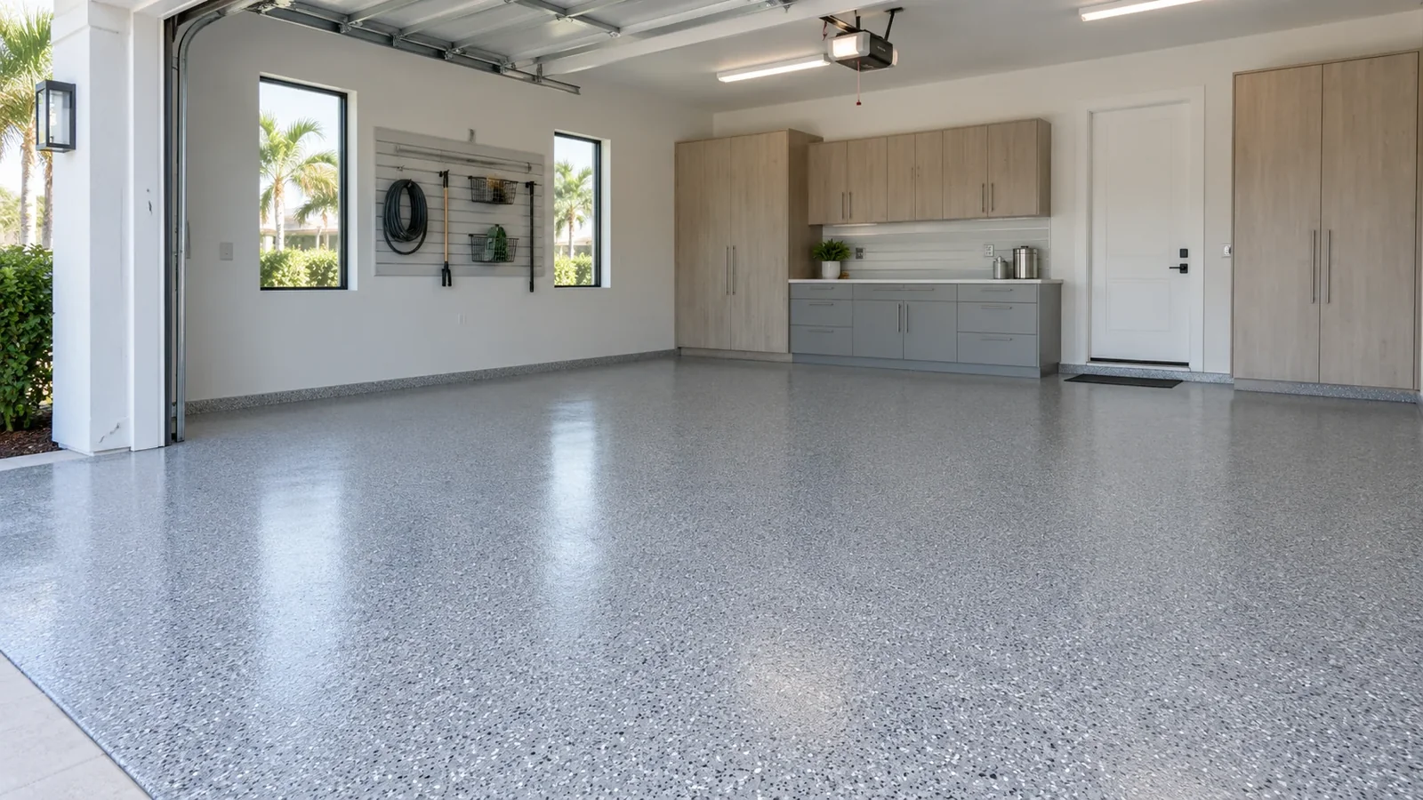 Finished residential garage with a decorative flake floor and coordinated cabinets