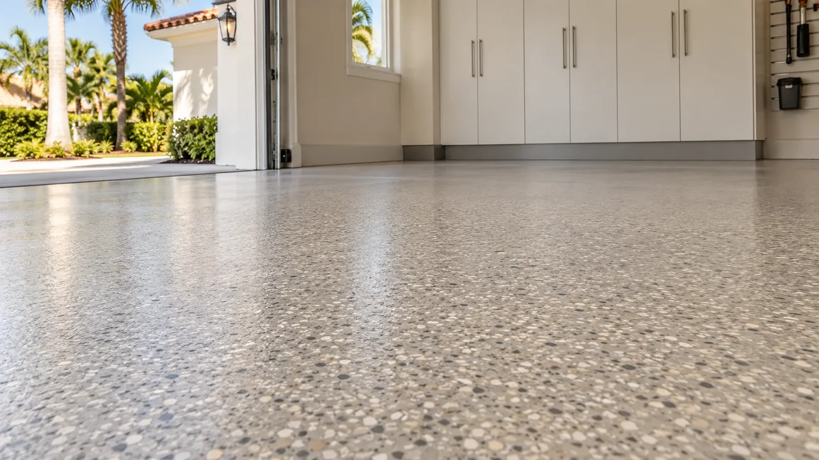 Close view of decorative flake flooring and a carefully finished garage threshold