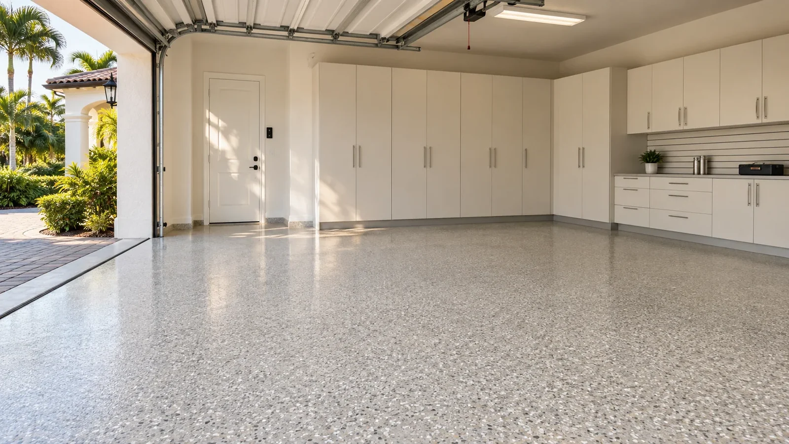 Finished residential garage with a decorative flake floor and coordinated cabinets