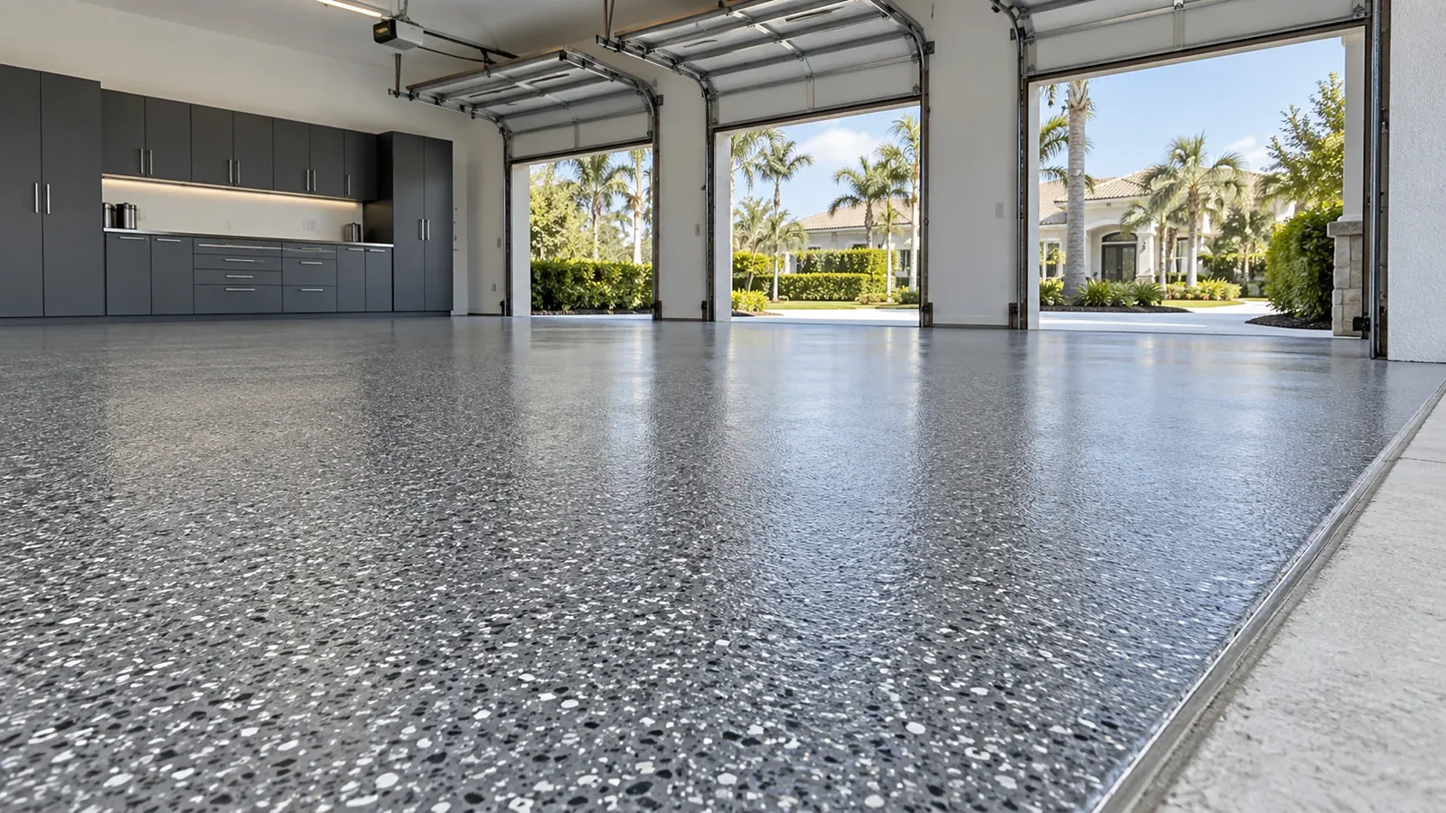Close view of decorative flake flooring and a carefully finished garage threshold
