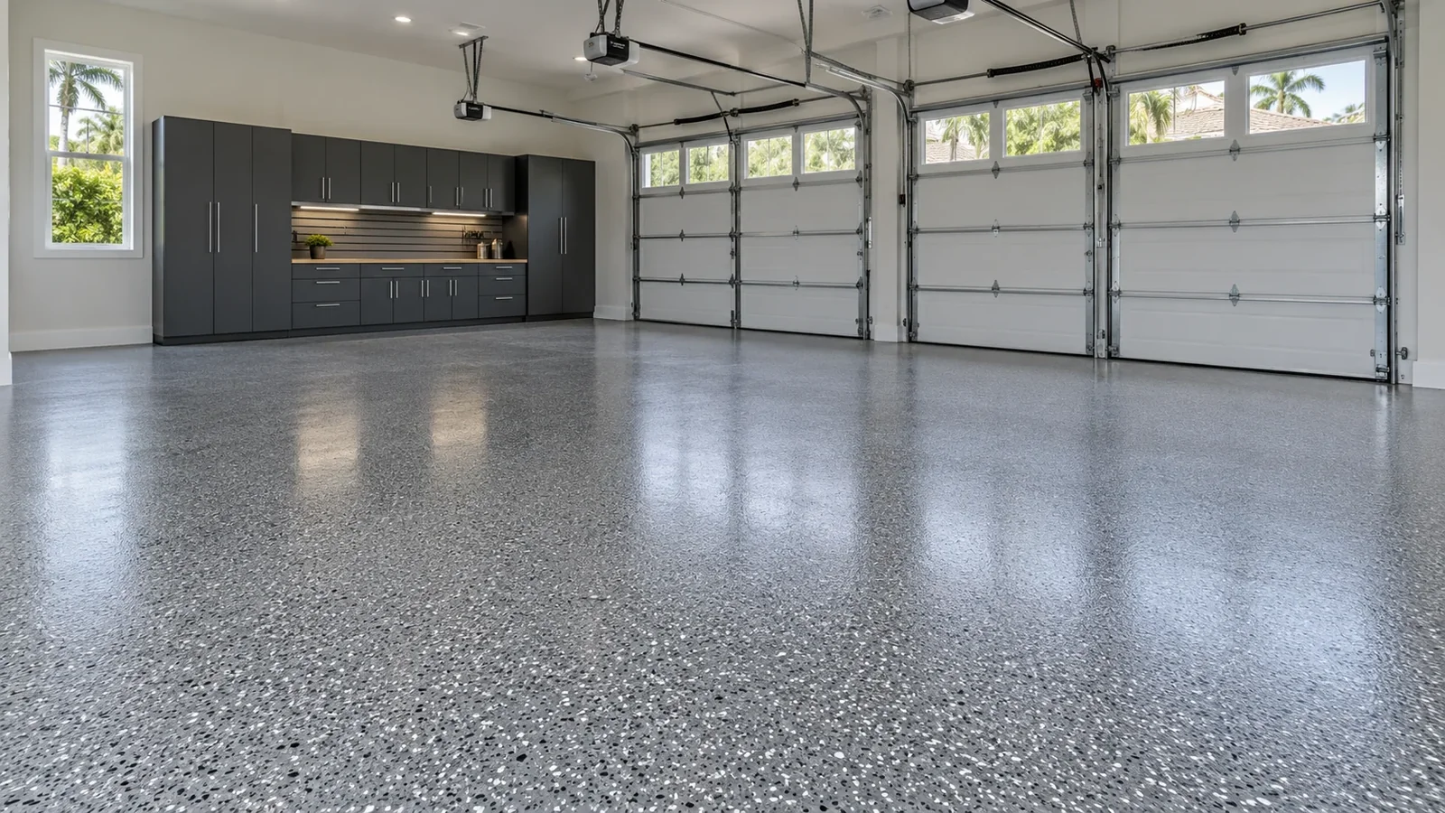 Finished residential garage with a decorative flake floor and coordinated cabinets
