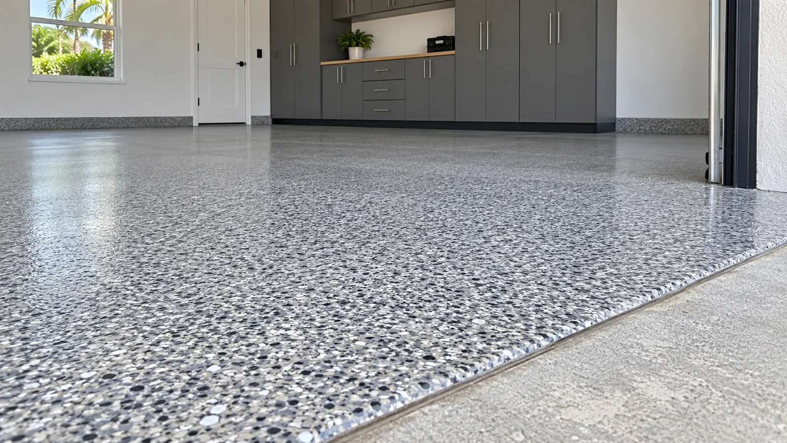 Close view of decorative flake flooring and a carefully finished garage threshold